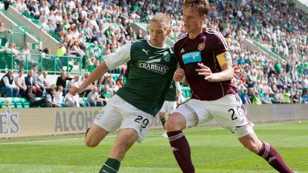 Hibernian's Ross Caldwell and Hearts' Marius Zalikas during last week's SPL match