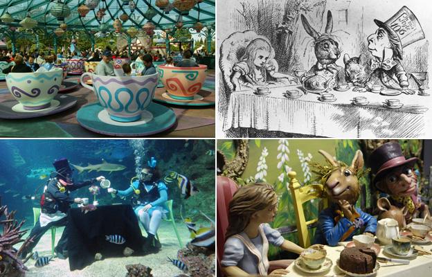 From left, clockwise: fairground ride featuring Mad Hatter's tea cups, original illustration of the March hare's tea party, Fortnum and Mason department store window display of the March hare's tea party, underwater scene featuring divers recreating the March hare's tea party