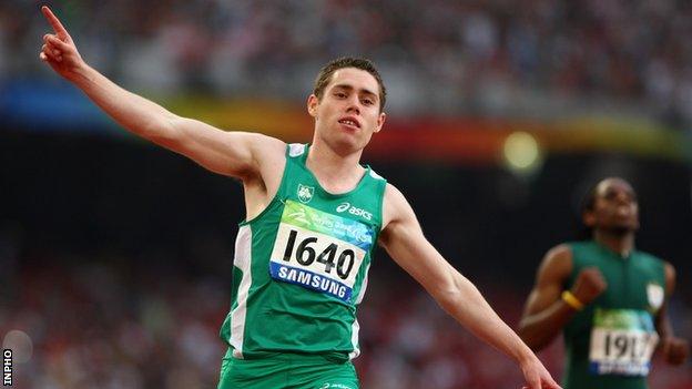 Jason Smyth after winning the T13 100m at the 2008 Paralympics in Beijing