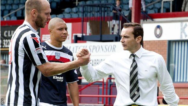 Sam Parkin and manager Danny Lennon celebrate after the 2-0 win over Dundee