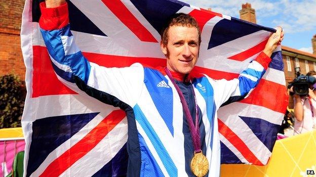 Bradley Wiggins celebrates his Olympic victory.