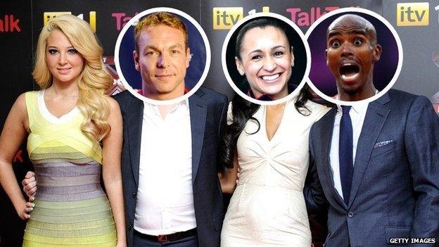 The X Factor judges with Sir Chris Hoy, Jessica Ennis and Mo Farah's faces superimposed.