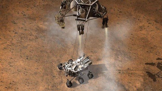 Artist's impression of Curiosity being dropped on to the surface of Mars.