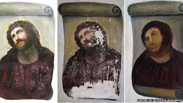 Pictures of the Ecce Homo before and after.