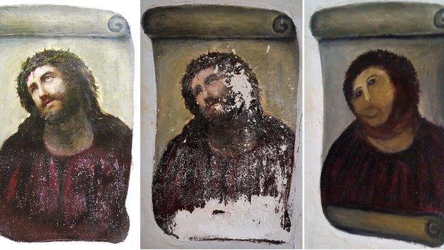 Pictures of the Ecce Homo before and after.