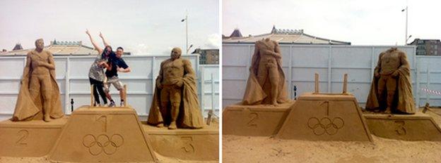 A before and after picture of the beheaded athletes in the Weston Sand Sculpture Festival