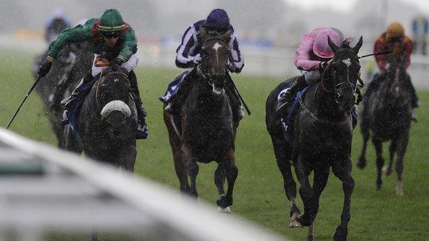 Shareta (left) wins the Yorkshire Oaks