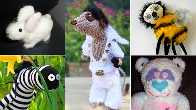 Clockwise (rabbit, Elvis Presley Meerkat by NiftyKnits, bee, teddy bear, zebra)