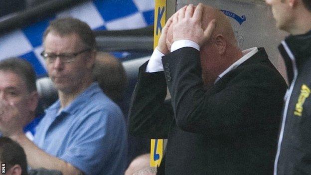 Dundee United manager Peter Houston holds his head in his hands