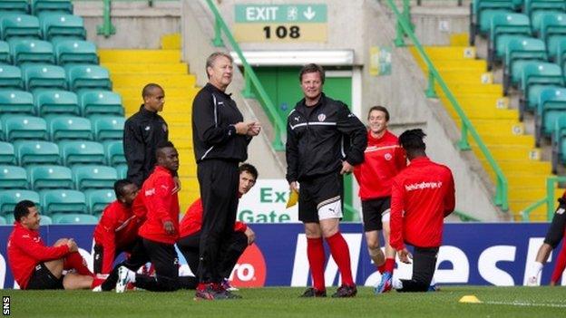 Age Hareide and his Helsingborgs squad train at Celtic Park