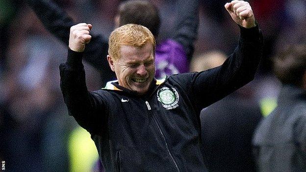 Celtic manager Neil Lennon celebrates the 2-0 win over Helsingborgs