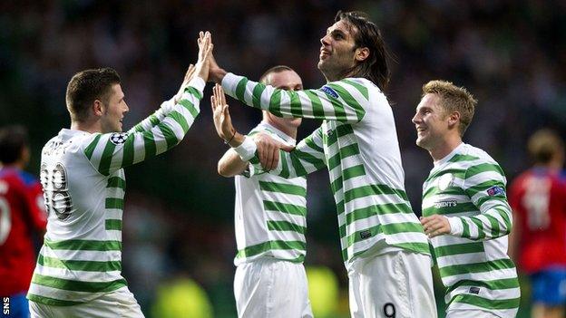 Celtic celebrate their Champions League qualifying win against Helsingborgs