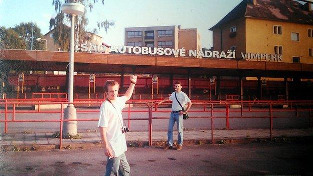 Rob and a friend at Vimperk bus station in 1992