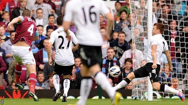 Kevin Nolan (left) smashes home West Ham's opener