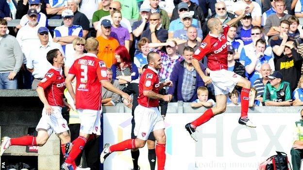 Nick Fenton celebrates his goal against Bristol Rovers