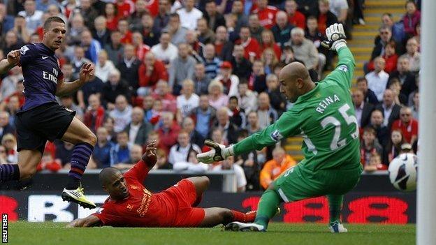 Lukas Podolski fires Arsenal into the lead against Liverpool