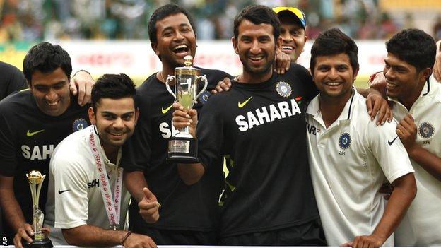 India's players with the Test series trophy