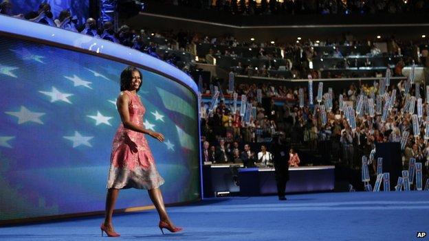 First Lady Michelle Obama waves to delegates at the Democratic National Convention in Charlotte, North Carolina