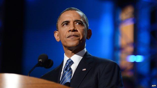 US President Barack Obama pauses during his nomination acceptance speech at the Time Warner Cable Arena in Charlotte, North Carolina, on September 6, 2012