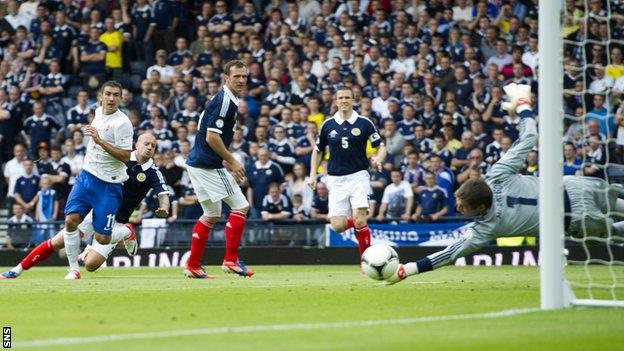 Aleksandar Kolarov sends a drive just wide of the Scotland post