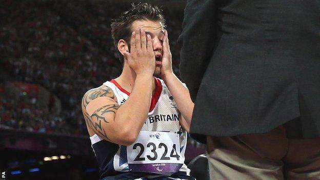 Nathan Stephens shows his frustration after his no-throws during the F57/58 javelin final