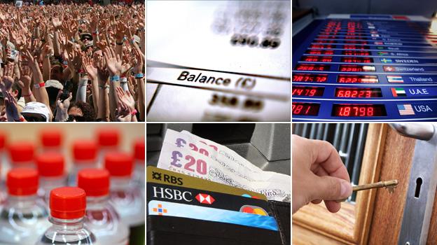 From top left, clockwise: fans at a music festival, a balance sheet, exchange rate board, person unlocking front door, wallet containing credit cards, bottled water