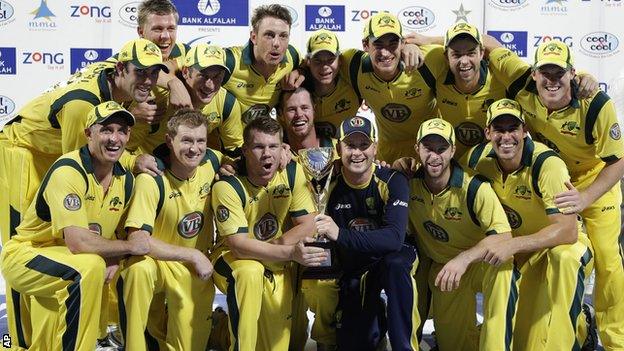 Australia celebrate with the one-day series trophy