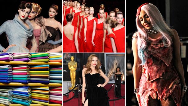 (clockwise) models at Christian Dior show; models at Valentino show; Lady Gaga; Angelina Jolie; stacks of fabric (Images: Getty/AP/Thinkstock)