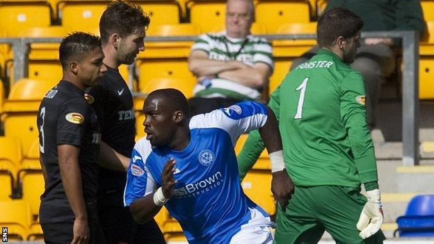 Gregory Tade celebrates scoring against Celtic