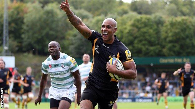 Tom Varndell celebrates his try for Wasps