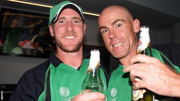 John Mooney (left) and Trent Johnston celebrate after Ireland's World Cup win over England last year