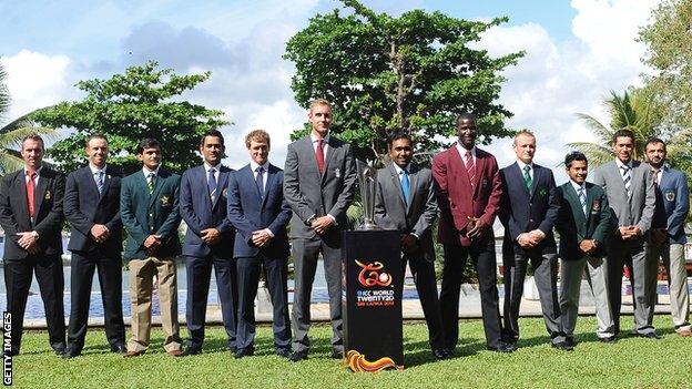 The 10 team captains with the ICC World Twenty20 trophy