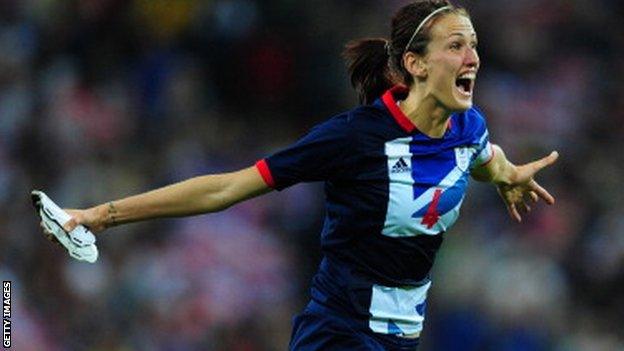 England's Jill Scott celebrates scoring for Great Britain during the Olympics