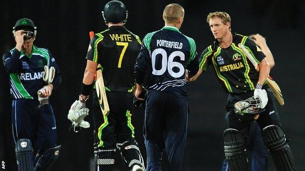 William Porterfield congratulates Australia captain George Bailey at the end of the match