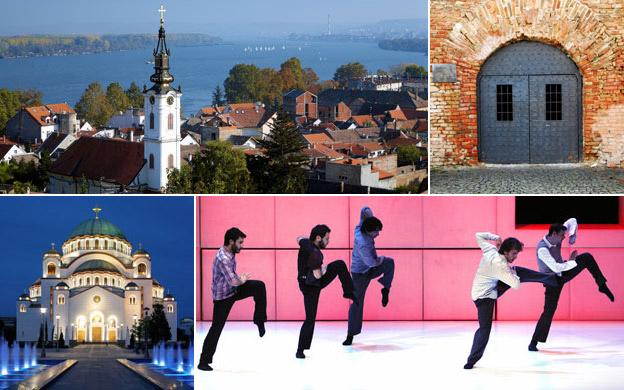 Clockwise from top left: St Nicholas church; Belgrade fortress; Belgrade dance festival 2009; Cathedral of St Sava