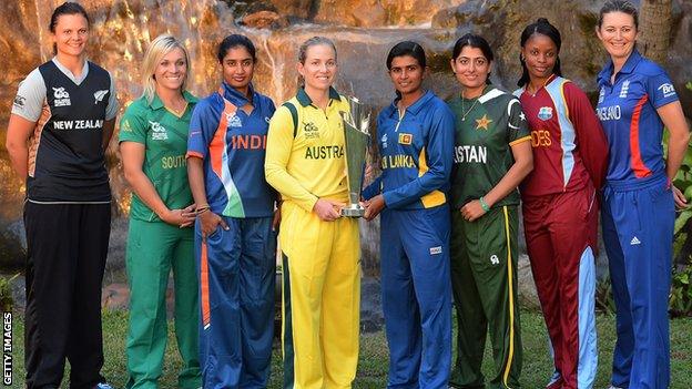 Captains Suzie Bates (New Zealand), Mignon du Preez (South Africa), Mithali Raj (India), Jodie Fields (Australia), Shashikala Siriwardene (Sri Lanka), Sana Mir (Pakistan), Merissa Aguilleira (West Indies) and Charlotte Edwards (England) with the trophy