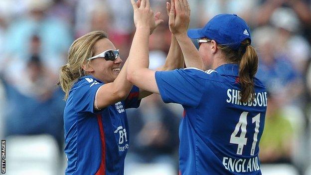 Laura Marsh and Anya Shrubsole celebrate a wicket