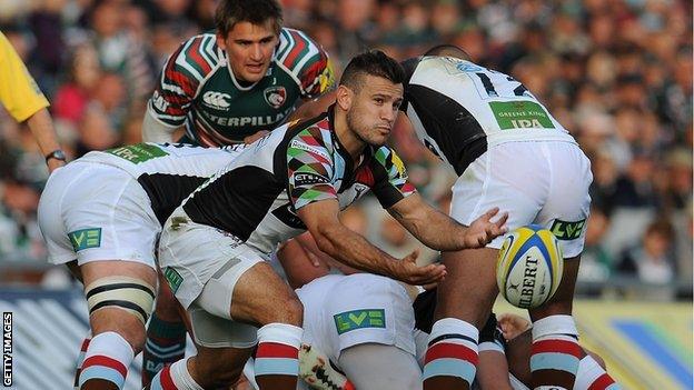 Danny Care moved the ball from a ruck as Toby Flood looks on