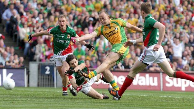 Colm McFadden shoots in Donegal's second goal against Mayo in the All-Ireland final