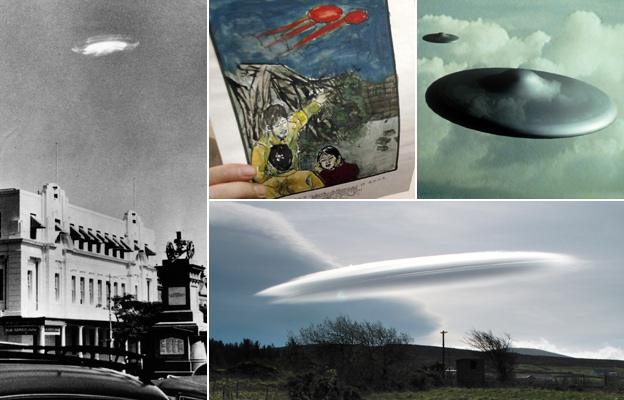 From left to right, purported UFO sighting in Rhodesia, drawing of a UFO sighting by Chinese man Sun Shili, computer-generated image of a UFO, UFO-shaped cloud