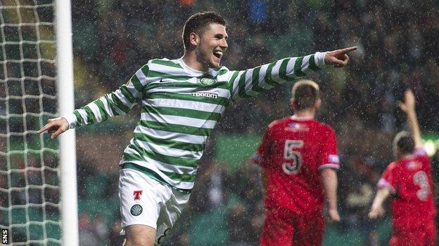 Gary Hooper celebrates after scoring against Raith Rovers