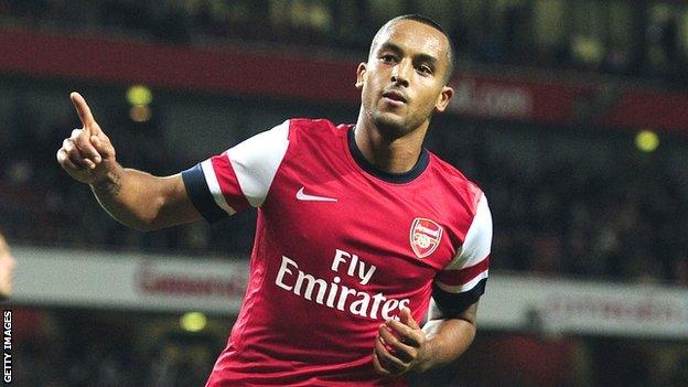 Theo Walcott celebrates scoring against Coventry