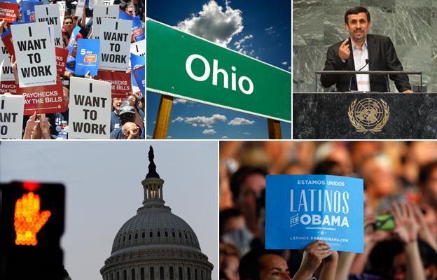From top left, clockwise: people holding placards reading 'I want to work', an Ohio road sign, Iranian President Mahmoud Ahmadinejad, a sign reading: 'Latinos for Obama', Capitol Hill and a road traffic stop sign