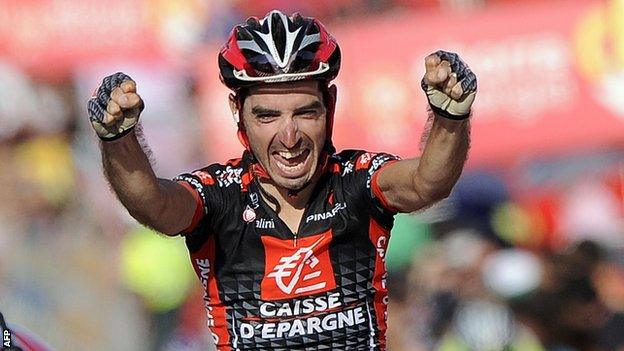 David Lopez celebrates his stage victory at the 2010 Vuelta a Espana