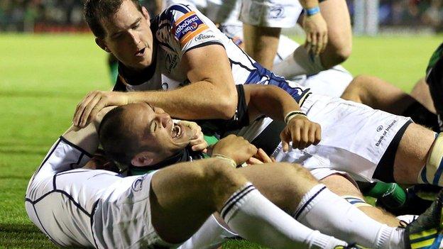 George Naoupu celebrates after scoring a try for Connacht