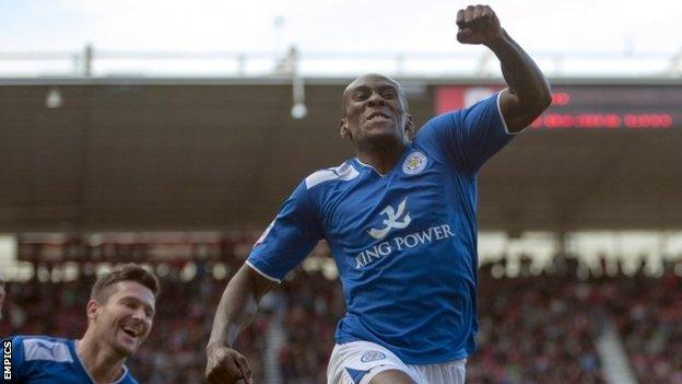 Leicester striker Lloyd Dyer celebrates after scoring his side's late winner.