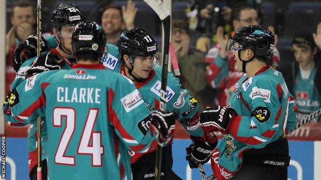 Greg Stewart of the Belfast Giants celebrates scoring against Braehead Clan