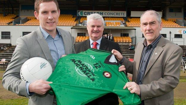 John McAreavey with Ulster Council president Aogan O Fearghail and Mickey Harte at the launch of the Match for Michaela