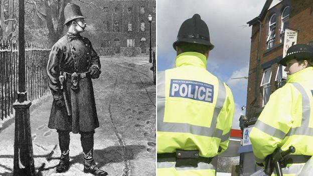 Policeman in a snowy street, 1876, two police officers today