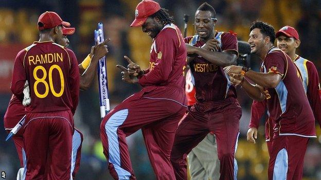 Chris Gayle dances to K-pop hit Gangnam Style as the Windies celebrate reaching the World Twenty20 final